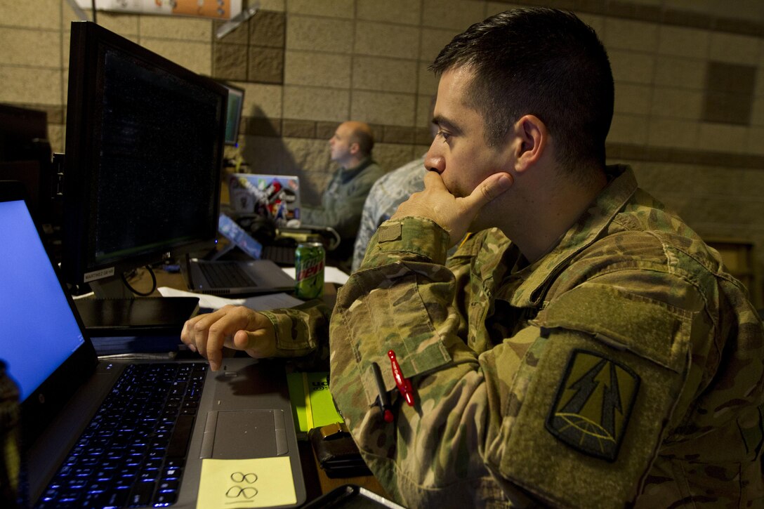 Capt. Humberto Nieves, an Army information systems manager assigned to the 335th Signal Command (Theater) out of East Point, Ga., executes a malicious code as part of a training inject during Cyber Shield 17 at Camp Williams, Utah, May 2, 2017. Cyber Shield is a National Guard exercise, in cooperation with U.S. Army Reserve, that provides Soldiers, Airmen and civilians from over 44 states and territories the opportunity to test their skills in response to cyber-incidents in a multi-service environment. (U.S. Army Reserve photo by Sgt. Stephanie Ramirez)