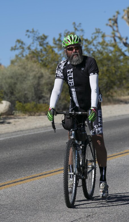 A participant of the Park to Park Ride slows down at one of the rest stops in Joshua Tree National Park, Calif., April 29, 2017. The event, hosted by Natural Resources and Environmental Affairs, Joshua Tree National Park and the city of Twentynine Palms, took riders from Knott’s Sky Park through Joshua Tree National Park to Keys View and back as the final event of Earth Day celebrations in the month of April. (U.S. Marine Corps photo by Cpl. Dave Flores)
