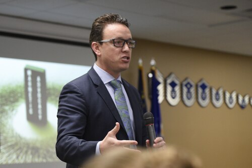 Jeff Bucholtz, director of We End Violence, briefs members of the 120th Airlift Wing, Great Falls, and Joint Force Headquarters, Helena, April 1, 2017 on sexual assault awareness and suicide prevention during Green Dot training. Green Dot training focuses on being proactive in creating a safe environment. (U.S. Air National Guard photo by Staff Sgt. Lindsey Soulsby)