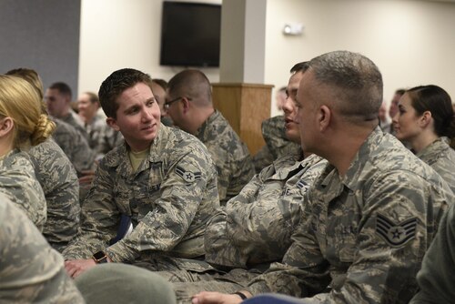 Airmen First Class Damian Williams, 120th Airlift Wing crew chief, discusses scenarios during a Green Dot training April 1, 2017 on sexual assault awareness and suicide prevention. Montana Air National Guard hosted Green Dot training for members from the 120th Airlift Wing, Great Falls, and Joint Force Headquarters, Helena. (U.S. Air National Guard photo by Staff Sgt. Lindsey Soulsby)