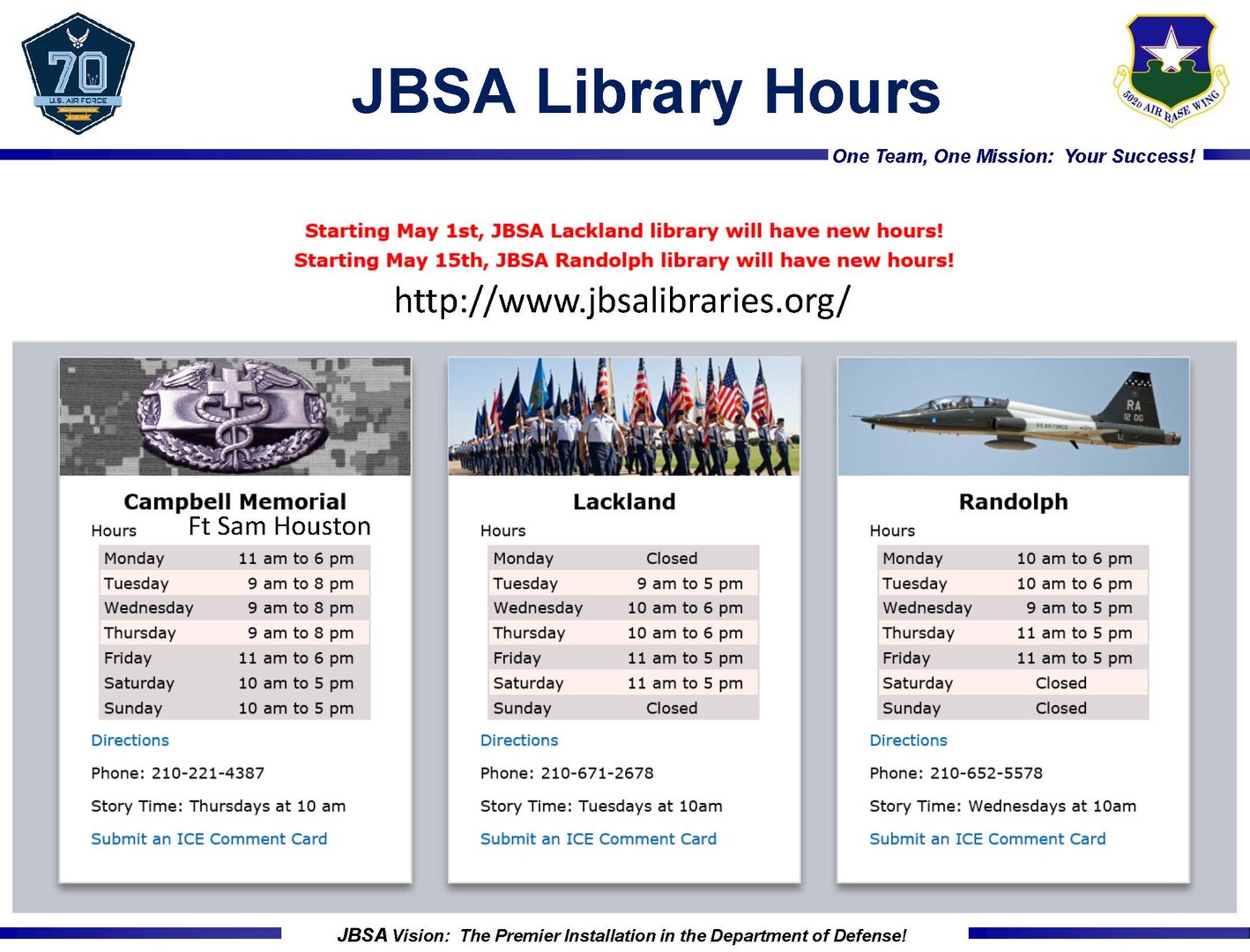 The federal government hiring freeze comes to an end, however, there are still some activities that will continue to be affected as the summer months approach.  The JBSA library staff is working to support servicemembers and their families, but due to decreased manning, JBSA library hours are being adjusted.
