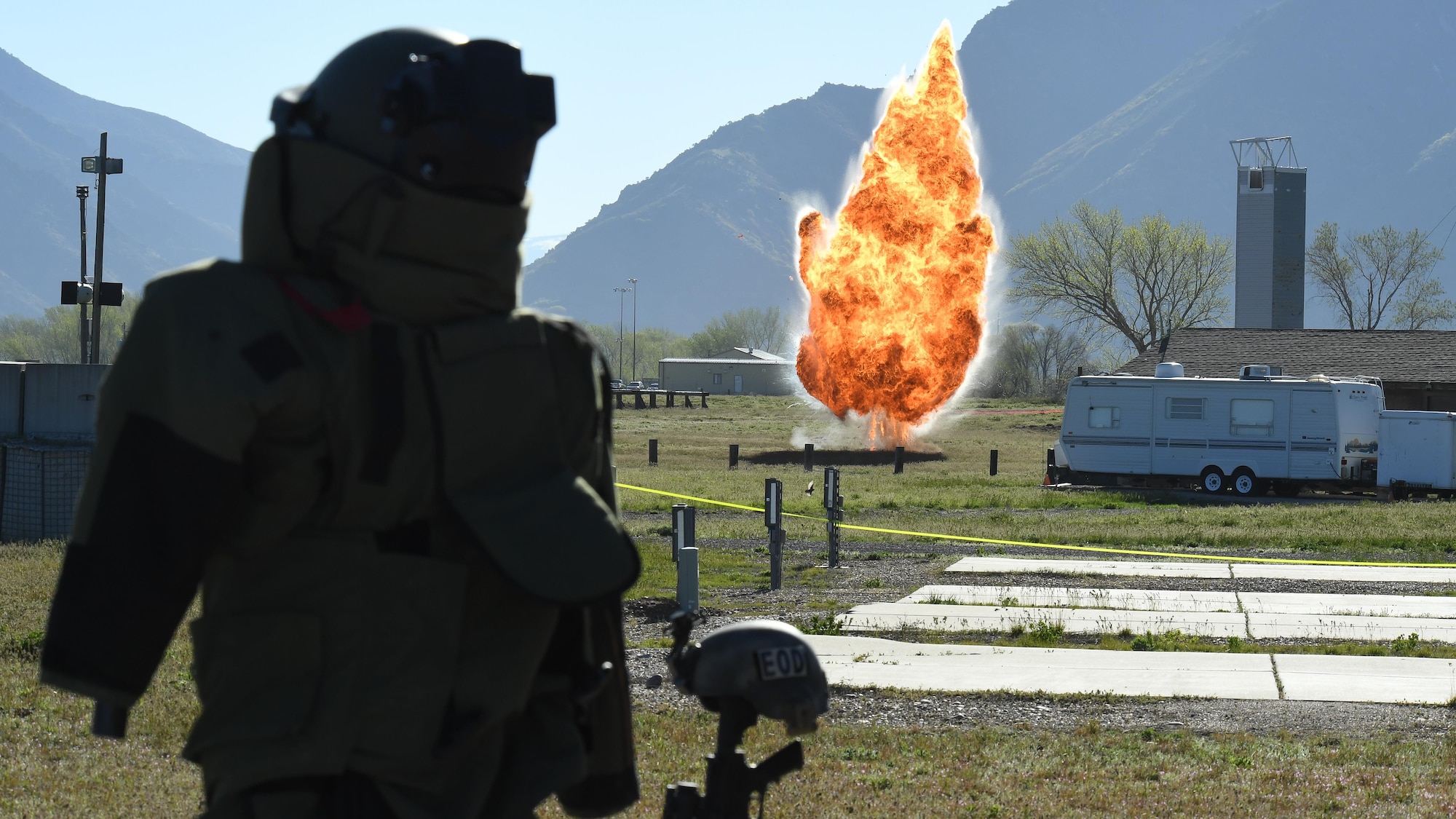 An explosion is detonated May 5 at Hill Air Force Base, Utah, during a mud run hosted by the 775th Explosive Ordnance Disposal Flight. The mud run was part of National Explosive Ordnance Disposal Day, a day to remember EOD technicians who have paid the ultimate sacrifice. There have been 133 EOD technicians killed while performing their craft since 2001, 20 of those being Air Force and four from Hill AFB. (U.S. Air Force/R. Nial Bradshaw)