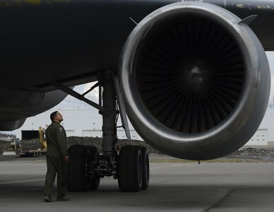 U.S. Air Force Tech. Sgt. Fernando Chavez, KC-10 Extender flight engineer with the 9th Air Refueling Squadron based out of Travis Air Force Base, Calif., conducts a pre-flight inspection prior to taking off from Ted Stevens Anchorage International Airport, May 4, 2017, to support exercise Northern Edge 2017. NE17 is Alaska’s premier joint training exercise designed to practice operations, techniques and procedures as well as enhance interoperability among the services.