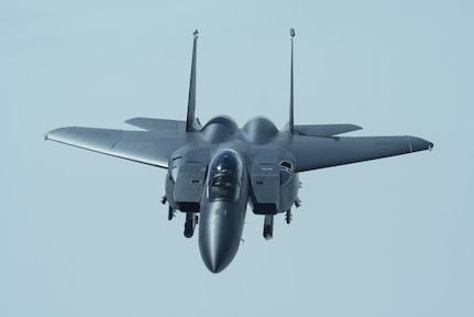 A U.S. Air Force F-15E Strike Eagle approaches a KC-10 Extender from the 9th Air Refueling Squadron based out of Travis Air Force Base, Calif., to receive in-flight refueling during exercise Northern Edge 2017, May 4, 2017. NE17 is Alaska’s premier joint training exercise designed to practice operations, techniques and procedures as well as enhance interoperability among the services.
