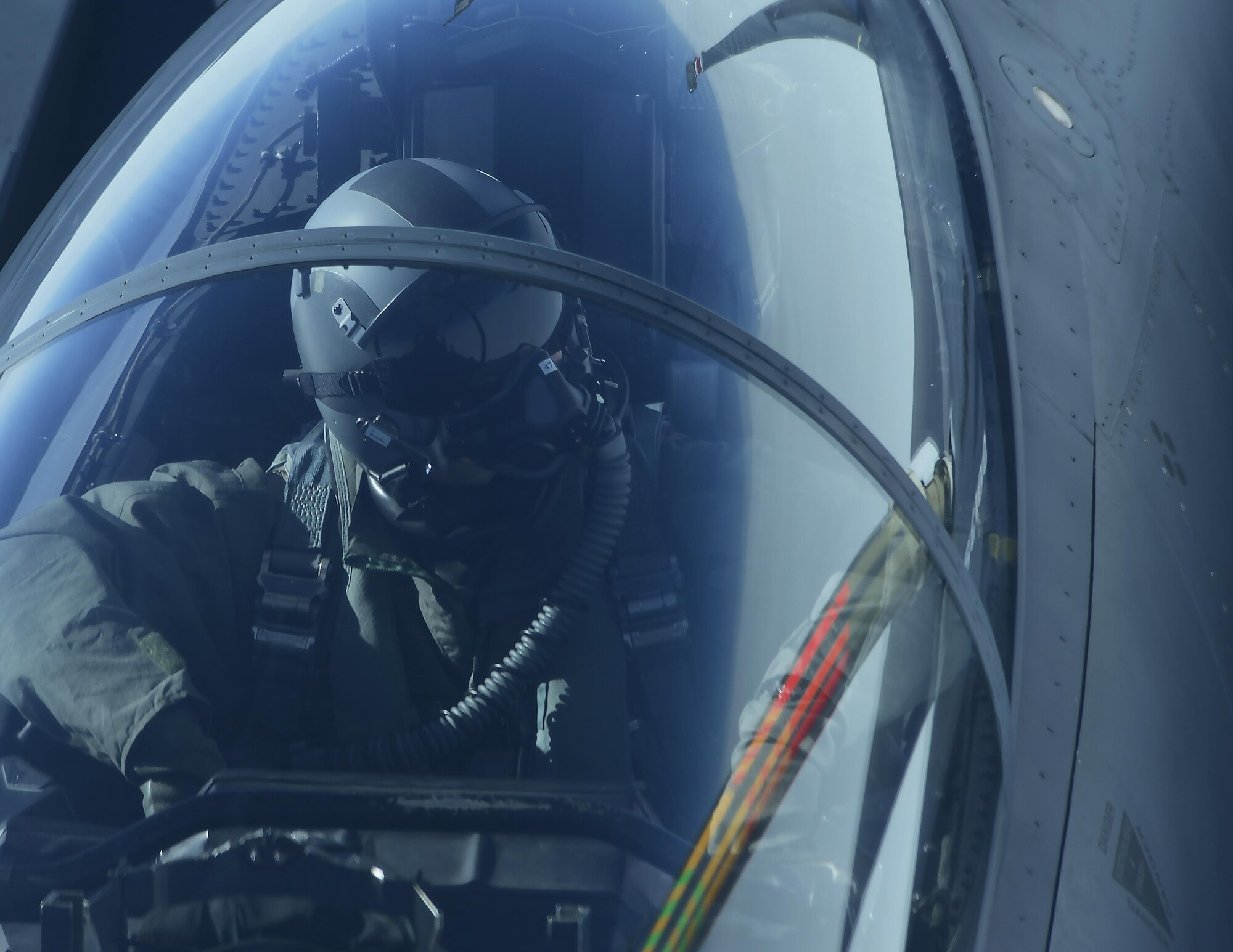 A U.S. Air Force F-15E Strike Eagle weapon systems officer watches as a KC-10 Extender from the 9th Air Refueling Squadron based out of Travis Air Force Base, Calif., conducts in-flight refueling during exercise Northern Edge 2017, May 4, 2017. NE17 is Alaska’s premier joint training exercise designed to practice operations, techniques and procedures as well as enhance interoperability among the services.