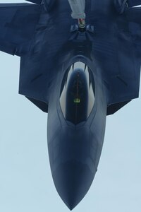 A U.S. Air Force F-22 Raptor is refueled by a KC-10 Extender from the 9th Air Refueling Squadron, Travis Air Force Base, Calif., during exercise Northern Edge 2017, May 4, 2017. NE17 is Alaska’s premier joint training exercise designed to practice operations, techniques and procedures, as well as enhance interoperability among the services.