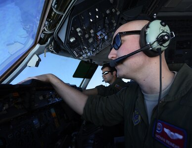 U.S. Air Force Capt. Nathan Reineke, right, and 1st Lt. Jordan Bolster, both KC-10 Extender pilots with the 9th Air Refueling Squadron based out of Travis Air Force Base, Calif., conduct in-flight refueling for multiple aircraft during Northern Edge 2017, May 4, 2017. NE17 is Alaska’s premier joint training exercise designed to practice operations, techniques and procedures as well as enhance interoperability among the services. 