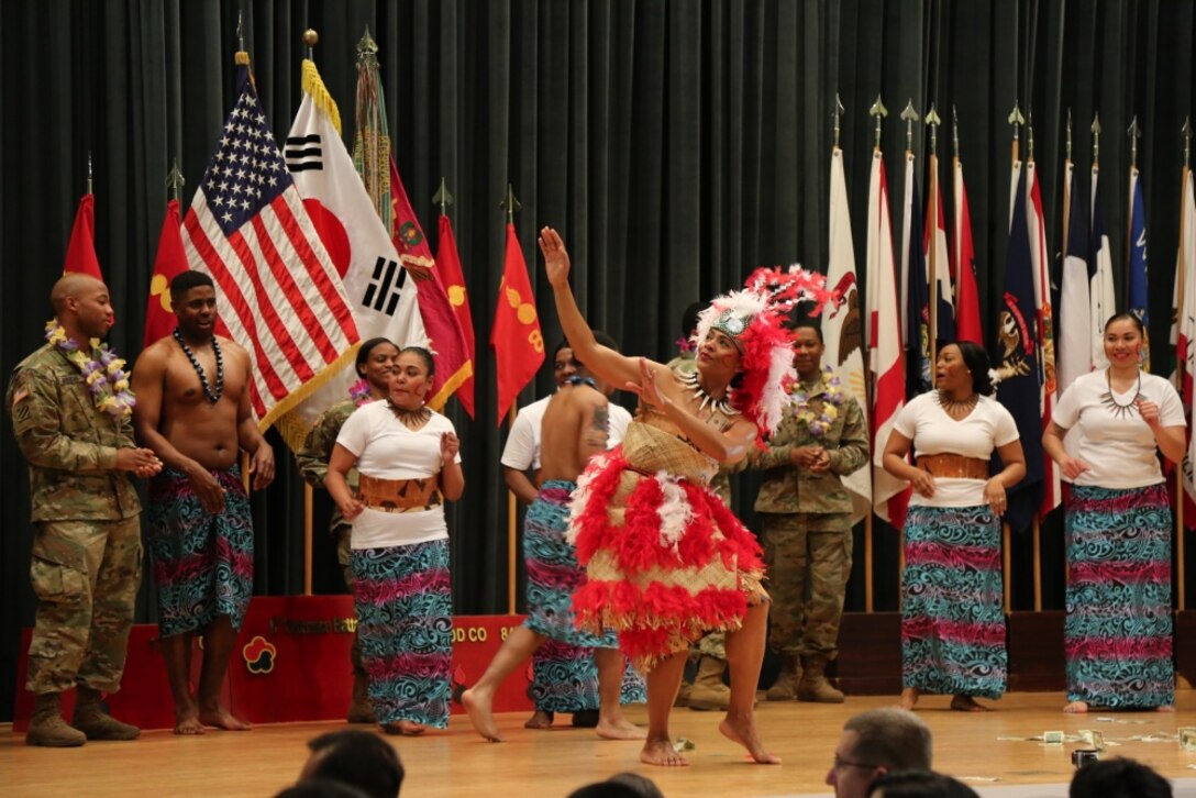 Soldiers perform a traditional Samoan dance during the Asian American Pacific Islander Heritage Month observance at Camp Carroll in Waegwan, South Korea, May 4, 2017. The demonstrations showcased the rich cultural heritage that is a part of America’s diverse military. Army photo by Cpl. Sin Jae-Hyung