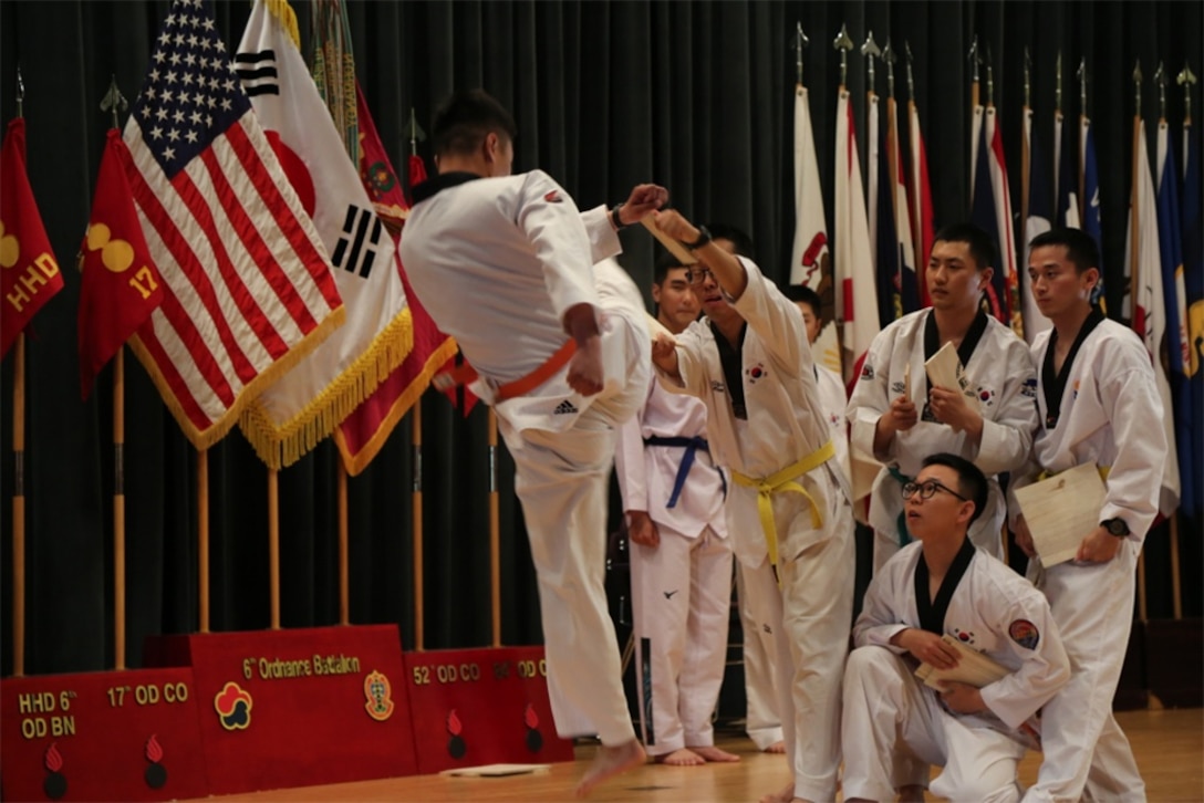 Korean Augmentation to the United States soldiers from Area IV demonstrate their taekwondo skills during the Asian American Pacific Islander Heritage Month observance in Camp Carroll, South Korea, May 4, 2017. The demonstrations showcased the rich cultural heritage that is a part of the lives of our strong and diverse military.