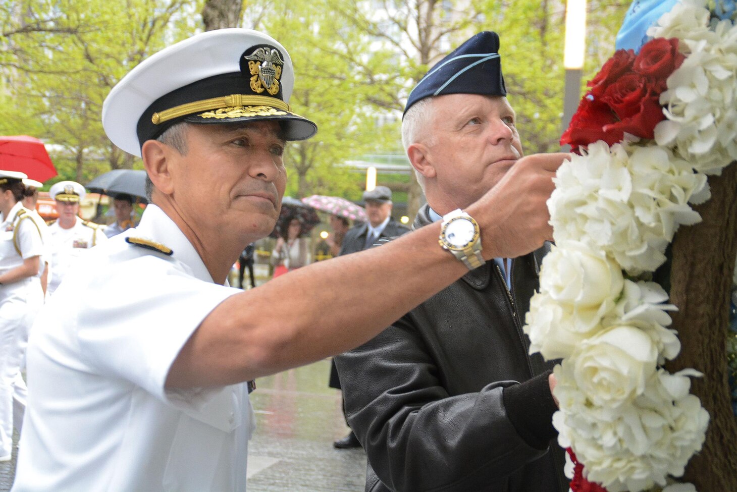 Adm. Harry B. Harris Jr., commander of U.S. Pacific Command, left, and Australian Defence Force Air Chief Marshal Mark Binskin lay a wreath at One World Trade Center during a visit to New York City for annual consultations between the U.S. Military and Australian Defence Force, May 5, 2017. 