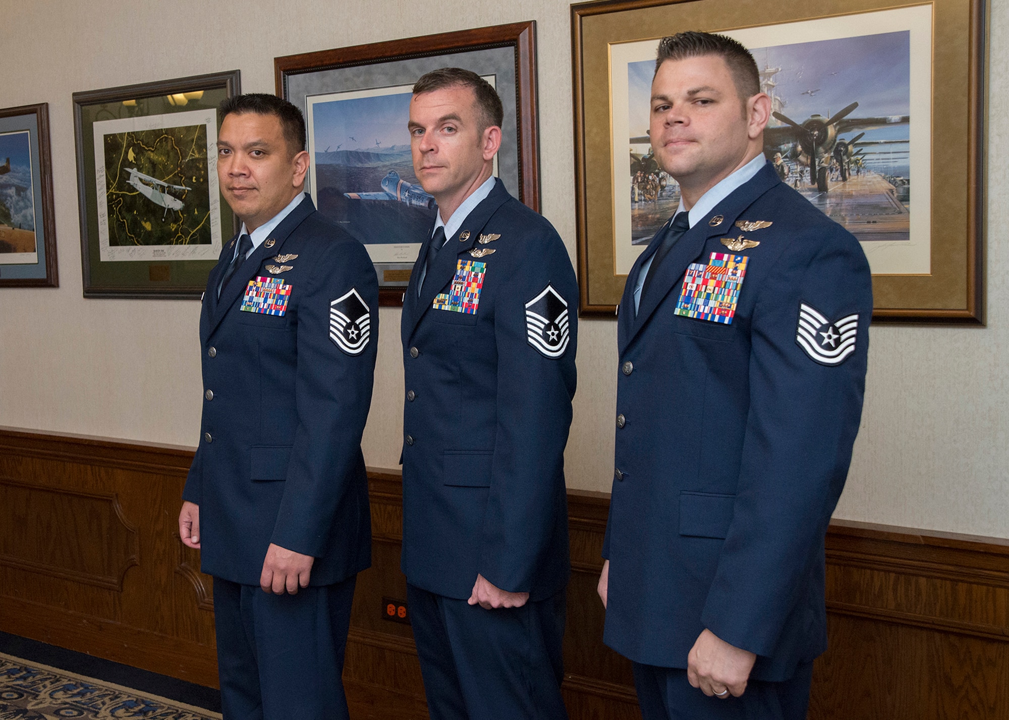 (From Left to Right) U.S. Air Force Master Sgt. Alex, Master Sgt. Mike and Tech. Sgt. Mike, Enlisted Pilot Initial Class students, stand together after graduation from the 558th Flying Training Squadron's Remotely Piloted Aircraft Fundamentals Course May 5, 2017, at Joint Base San Antonio-Randolph, Texas.  The three Airmen are the first enlisted personnel to graduate from the course, making them the service's first enlisted pilots since 1961.
(U.S. Air Force Photo by Melissa Peterson)