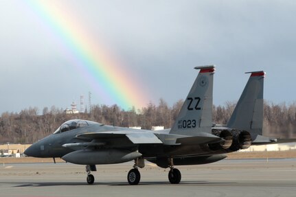 Air Force Capt. Jason Shank, a pilot with the 67th Fighter Squadron out of Kadena Airbase, taxis his F-15C Eagle during the morning "Go" May 3 as part of Exercise Northern Edge 17. Exercise NE17 is a joint exercise utilizing Alaska's massive range area and is composed of more than 6,000 service members across all service branches.