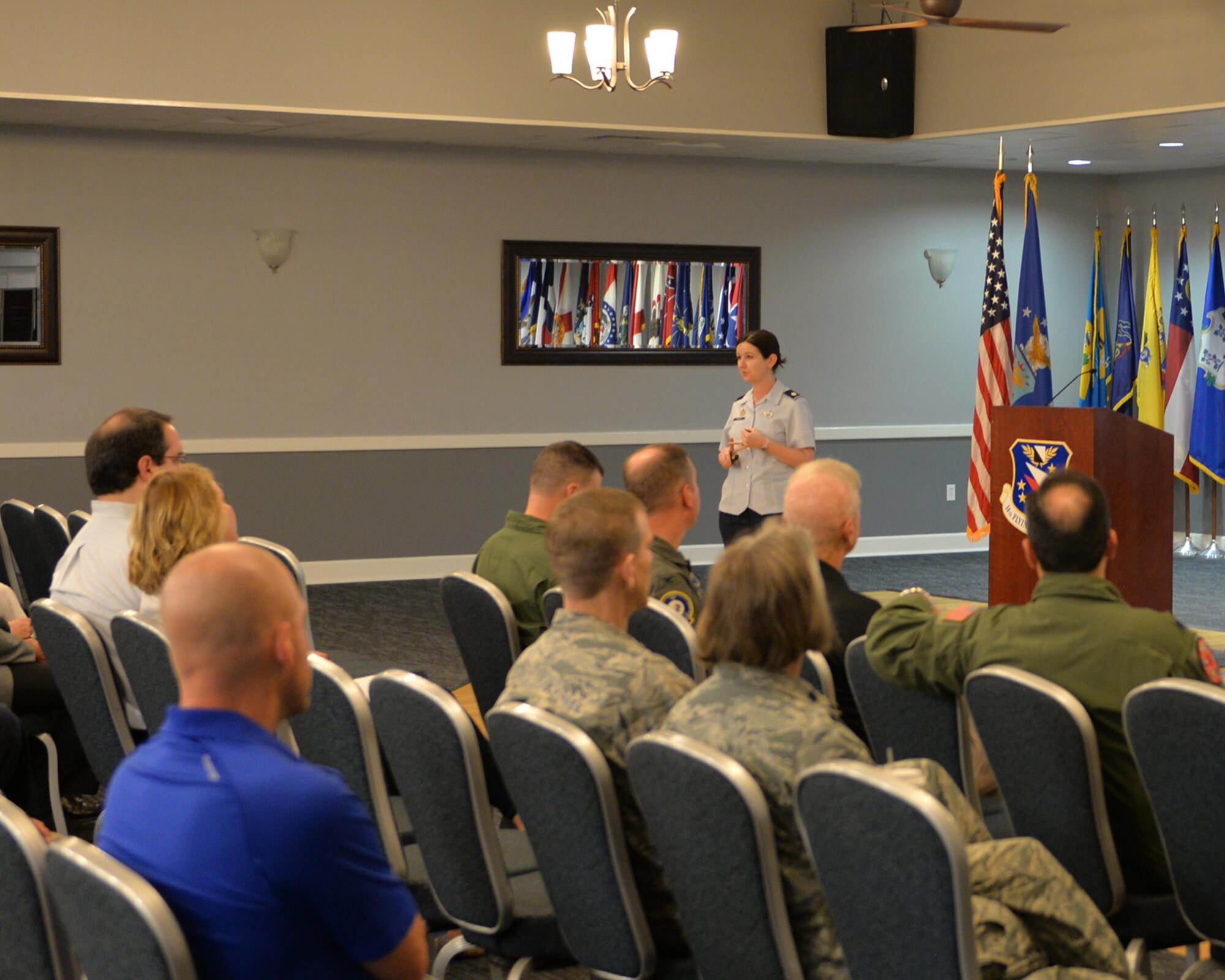 Lt. Col. Timorah Beales, Partnership Broker from the Office of the Assistant Secretary of the Air Force, speaks to Team BLAZE members and the local community about the Community Partnership Program May 4, 2017, at the Club on Columbus Air Force Base, Mississippi. The meeting focused on multiple objectives surrounding potential community partners, existing agreements, challenges and opportunities of potential partnerships. (U.S. Air Force photo by 2nd Lt. Savannah Stephens)