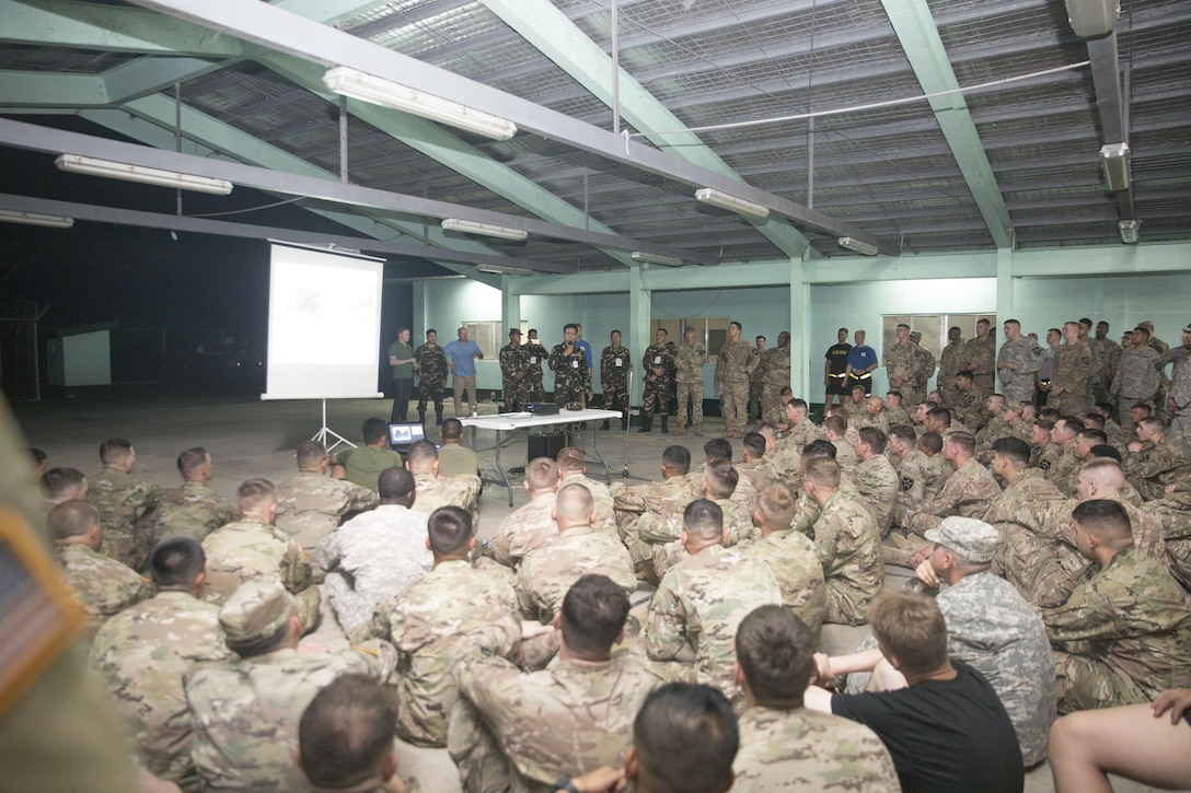 Philippine Army Col. Tony Florendo briefs U.S. Soldiers about Balikatan 2017 at Fort Magsaysay in Santa Rosa, Nueva Ecija, May 3, 2017. Florendo is the garrison commander of Fort Magsaysay. Balikatan is an annual U.S.-Philippine bilateral military exercise focused on a variety of missions, including humanitarian assistance and disaster relief, counterterrorism, and other combined military operations.