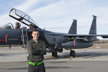 EIELSON AIR FORCE BASE, Alaska – U.S. Air Force Staff Sgt. Ryan Merritt, a 335th Aircraft Maintenance Unit crew chief assigned to Seymour Johnson Air Force Base, N.C., poses for a photo in front of an F-15E Strike Eagle dual-role fighter aircraft from the 335th Fighter Squadron, May 4, 2017, during NORTHERN EDGE 2017 (NE17), at Eielson Air Force Base, Alaska. NE17 is Alaska’s premier joint training exercise designed to practice operations, techniques and procedures as well as enhance interoperability among the services. Thousands of participants from all the services, Airmen, Soldiers, Sailors, Marines and Coast Guardsmen from active duty, Reserve and National Guard units are involved. (U.S. Air Force photo/Staff Sgt. Ashley Nicole Taylor)