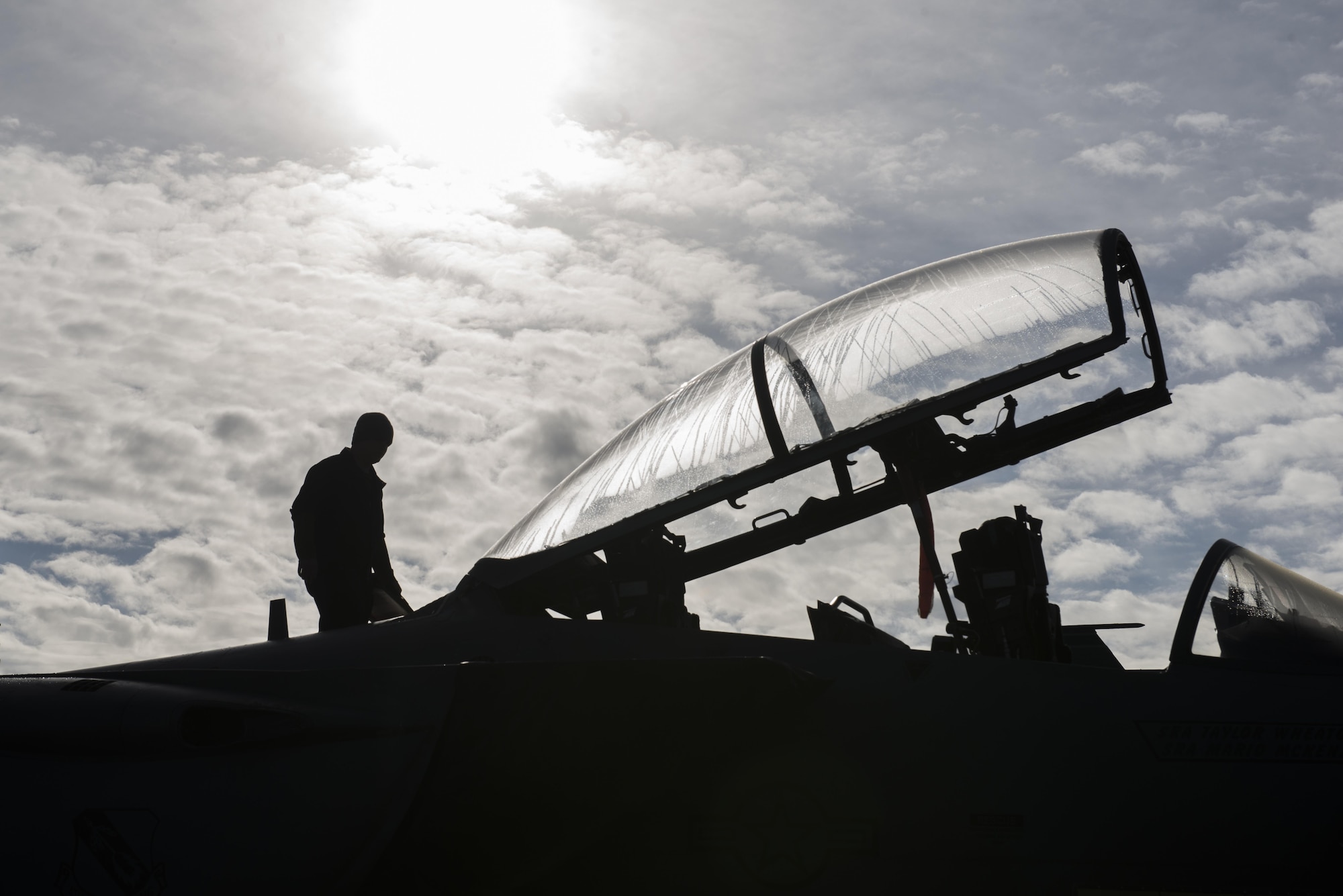 EIELSON AIR FORCE BASE, Alaska – U.S. Air Force Staff Sgt. Brandon Coffman, a 335th Aircraft Maintenance Unit crew chief assigned to Seymour Johnson Air Force Base, N.C., performs pre-flight inspections on an F-15E Strike Eagle dual-role fighter aircraft from the 335th Fighter Squadron, May 4, 2017, during NORTHERN EDGE 2017 (NE17), at Eielson Air Force Base, Alaska. NE17 is Alaska’s premier joint training exercise designed to practice operations, techniques and procedures as well as enhance interoperability among the services. Thousands of participants from all the services, Airmen, Soldiers, Sailors, Marines and Coast Guardsmen from active duty, Reserve and National Guard units are involved. (U.S. Air Force photo/Staff Sgt. Ashley Nicole Taylor)