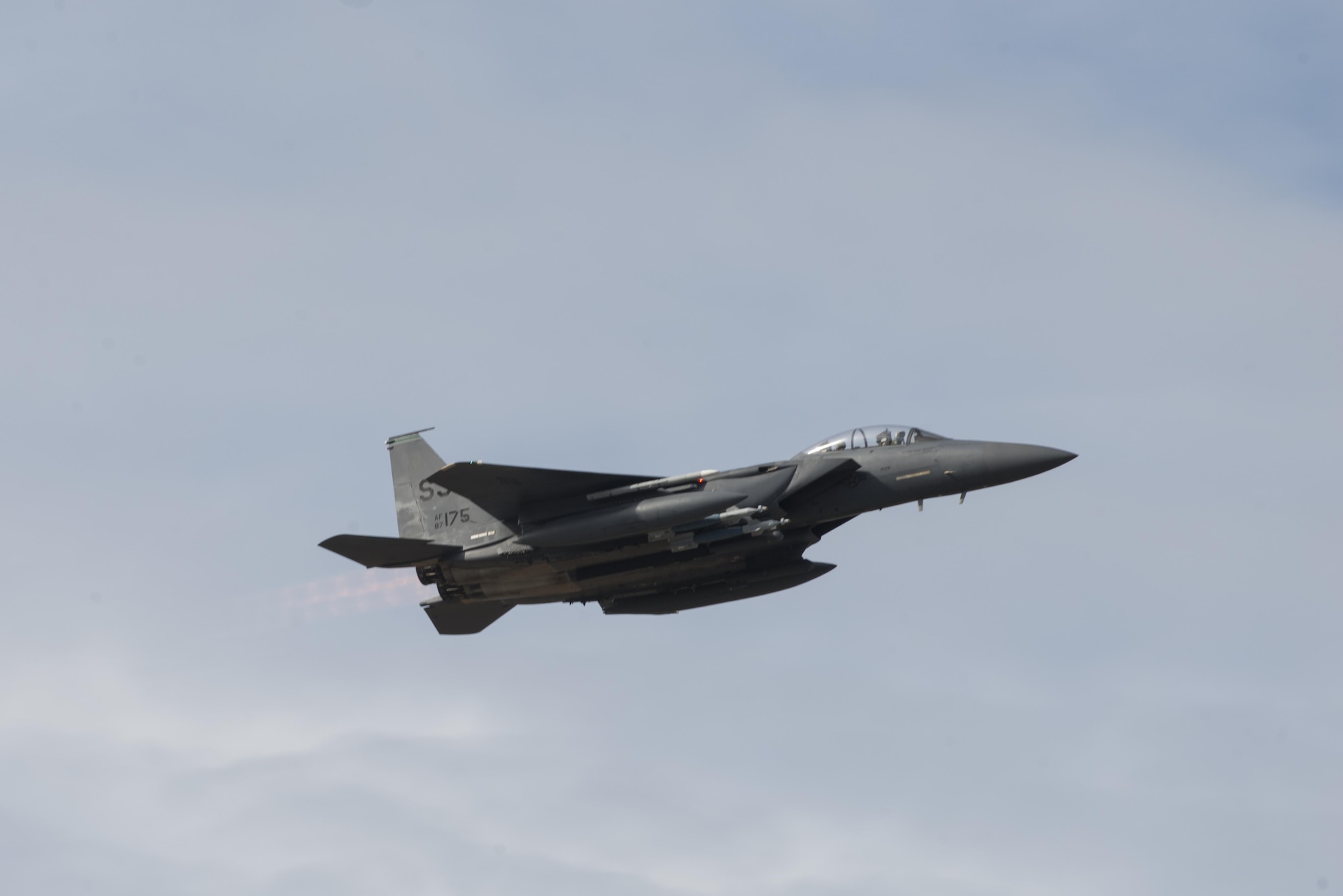 EIELSON AIR FORCE BASE, Alaska – A U.S. Air Force F-15E Strike Eagle dual-role fighter aircraft assigned to the 335th Fighter Squadron, Seymour Johnson Air Force Base, N.C., takes off for a sortie from Eielson Air Force Base, Alaska, May 4, 2017 during NORTHERN EDGE 2017 (NE17). NE17 is Alaska’s premier joint training exercise designed to practice operations, techniques and procedures as well as enhance interoperability among the services. Thousands of participants from all the services, Airmen, Soldiers, Sailors, Marines and Coast Guardsmen from active duty, Reserve and National Guard units are involved. (U.S. Air Force photo/Staff Sgt. Ashley Nicole Taylor)