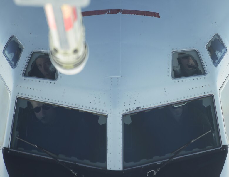 A U.S. Air Force E-3 Airborne Warning and Control System approaches a KC-10 Extender from the 9th Air Refueling Squadron based out of Travis Air Force Base, Calif., to receive in-flight refueling during exercise Northern Edge 2017, May 4, 2017. NE17 is Alaska’s premier joint training exercise designed to practice operations, techniques and procedures as well as enhance interoperability among the services.