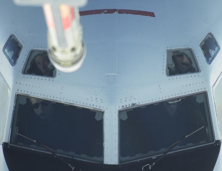 A U.S. Air Force E-3 Airborne Warning and Control System approaches a KC-10 Extender from the 9th Air Refueling Squadron based out of Travis Air Force Base, Calif., to receive in-flight refueling during exercise Northern Edge 2017, May 4, 2017. NE17 is Alaska’s premier joint training exercise designed to practice operations, techniques and procedures as well as enhance interoperability among the services.