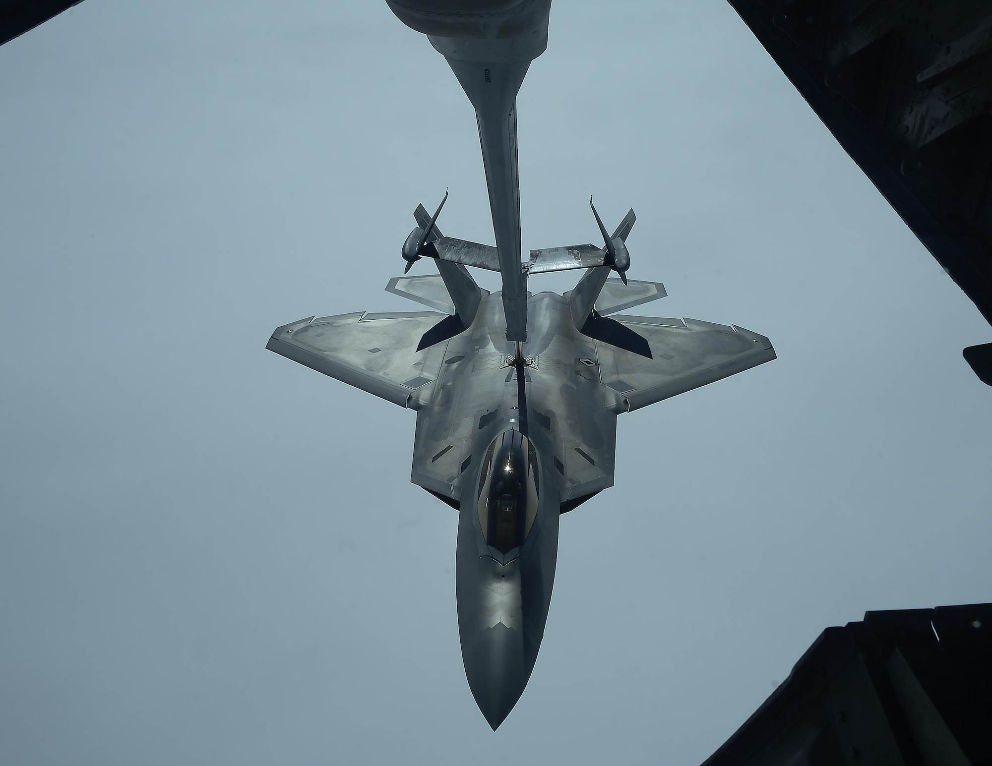 A U.S. Air Force F-22 Raptor is refueled by a KC-10 Extender from the 9th Air Refueling Squadron, Travis Air Force Base, Calif., during exercise Northern Edge 2017, May 4, 2017. NE17 is Alaska’s premier joint training exercise designed to practice operations, techniques and procedures, as well as enhance interoperability among the services.