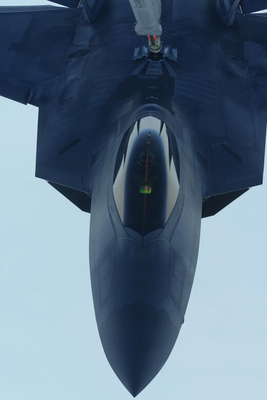 A U.S. Air Force F-22 Raptor is refueled by a KC-10 Extender from the 9th Air Refueling Squadron, Travis Air Force Base, Calif., during exercise Northern Edge 2017, May 4, 2017. NE17 is Alaska’s premier joint training exercise designed to practice operations, techniques and procedures, as well as enhance interoperability among the services.