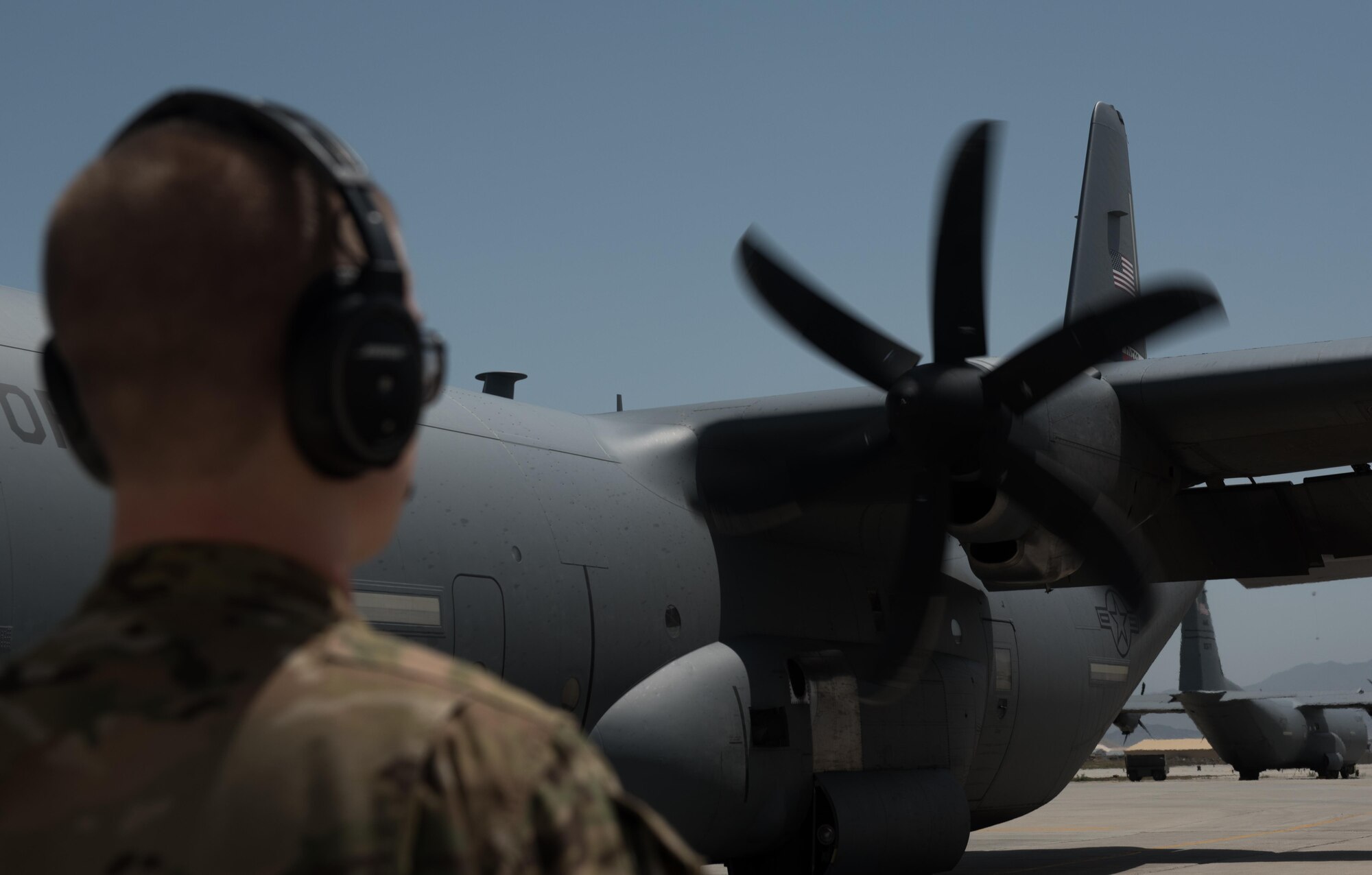 Senior Airman Brandon King, a 774th Expeditionary Airlift Squadron loadmaster, inspects the propellers of a C-130J Super Hercules at Bagram Airfield, Afghanistan, May 5, 2017. The 774th EAS provides tactical airlift capabilities in the Afghan theater, which often requires non-standard or outsized cargo and personnel movement. (U.S. Air Force photo by Staff Sgt. Benjamin Gonsier)