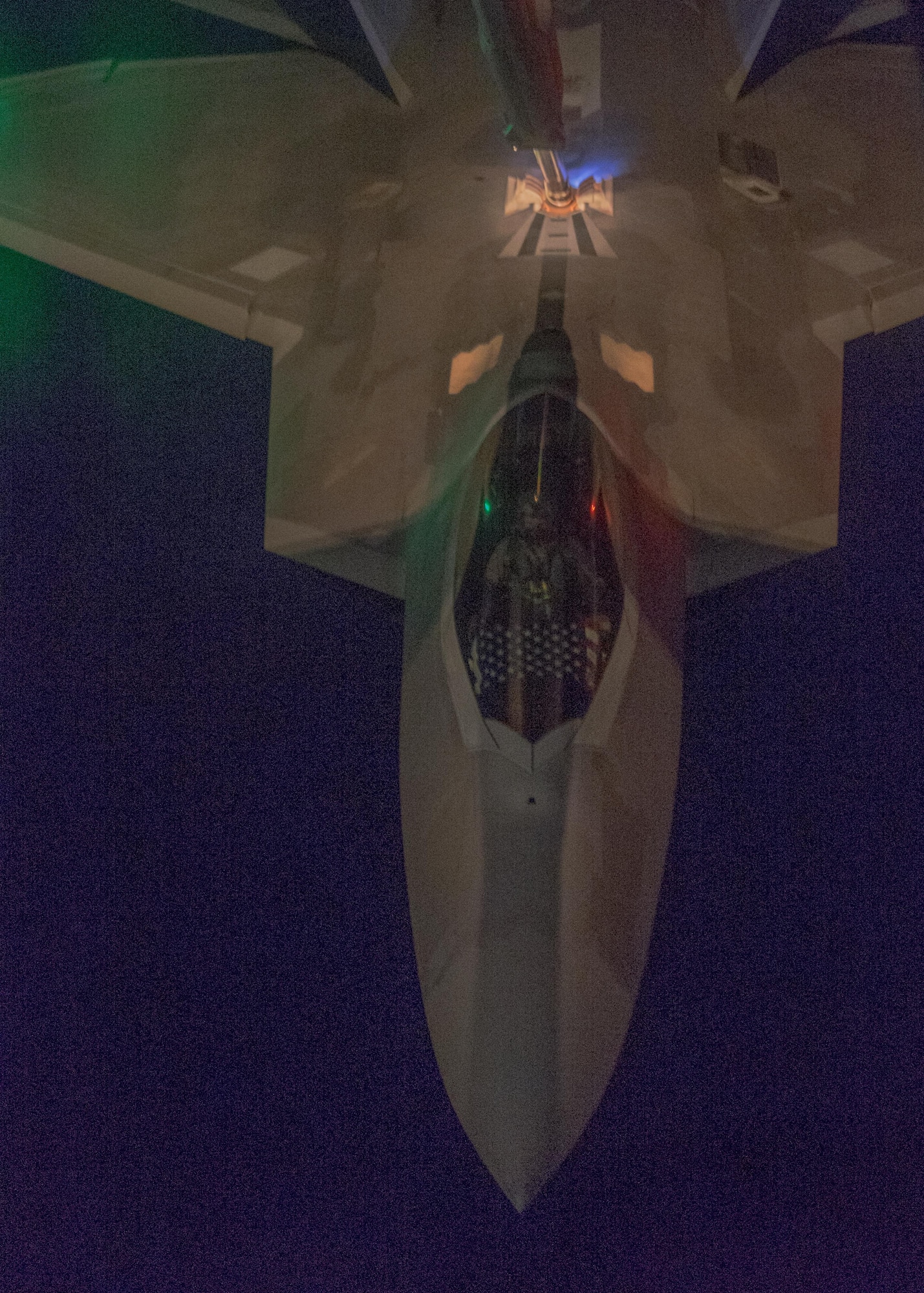 Lt. Col. Shell, 27th Expeditionary Fighter Squadron commander, pilots an F-22A Raptor while receiving the boom of a KC-10 Extender May 2, 2017, over an undisclosed location in southwest Asia. The F-22s provide close air support and precision guided strikes in an effort to weaken and destroy ISIS operations in the Middle East and around the world. (U.S. Air Force photo by Senior Airman Preston Webb)