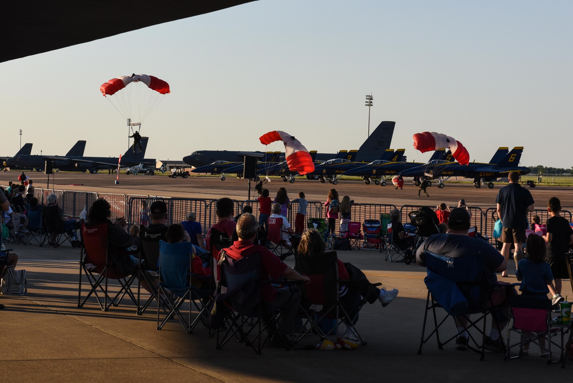 The Canadian Skyhawks parachute team lands in front of a crowd at the 2017 Defenders of Liberty Air Show at Barksdale Air Force Base, La., May 5, 2017. The team showcased the professionalism, dedication and teamwork it takes to be part of the Canadian Armed Forces. (U.S. Air Force photo/Senior Airman Luke Hill)