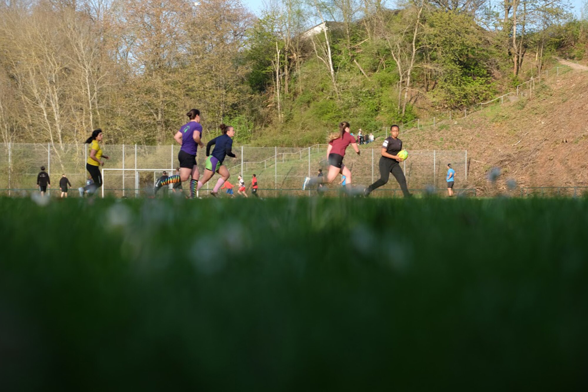 Kaiserslautern women’s rugby team members practice in Hochspeyer, Germany, April 18, 2017. Practices take place from 6 p.m. to 8 p.m. every Tuesday and Thursday. (U.S. Air Force photo/A1C Alexis C. Schultz)