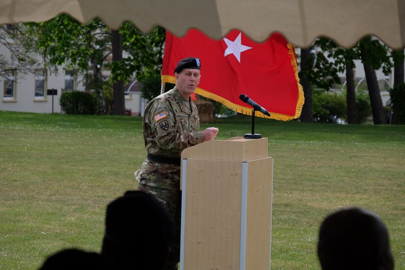 Army Reserve Brig. Gen. Steven W. Ainsworth, commanding general, 7th Mission Support Command, gives remarks during the 7th MSC’s Medical Support Unit-Europe change of command ceremony on Daenner Kaserne, May 6, 2017.  
Army Reserve Col. Daniel F. Bohmer, commander, Medical Support Unit – Europe, 7th MSC assumed command from Army Reserve Col. Bidemi Y. Olaniyi-Leyimu, MSU-E, 7th MSC. 
The MSU-E is an Army Reserve unit under the command of the 7th MSC, which has Soldiers with 29 medical specialties plus administrative professionals.
