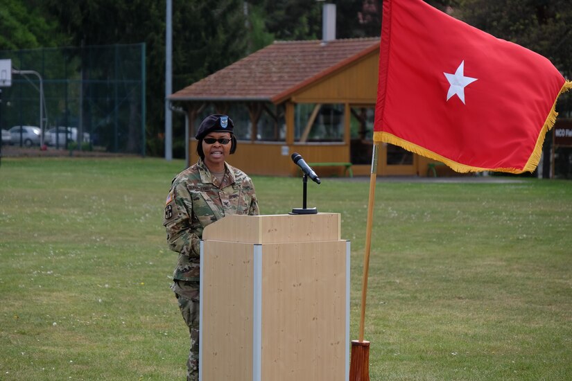 Army Reserve Col. Bidemi Y. Olaniyi-Leyimu, former commander, Medical Support Unit – Europe, 7th Mission Support Command gives remarks during the change of command ceremony for Army Reserve Col. Daniel F. Bohmer, commander, MSU-E, 7th MSC, on Daenner Kaserne, May 6, 2017. The MSU-E is an Army Reserve unit under the command of the 7th MSC, which has Soldiers with 29 medical specialties plus administrative professionals.