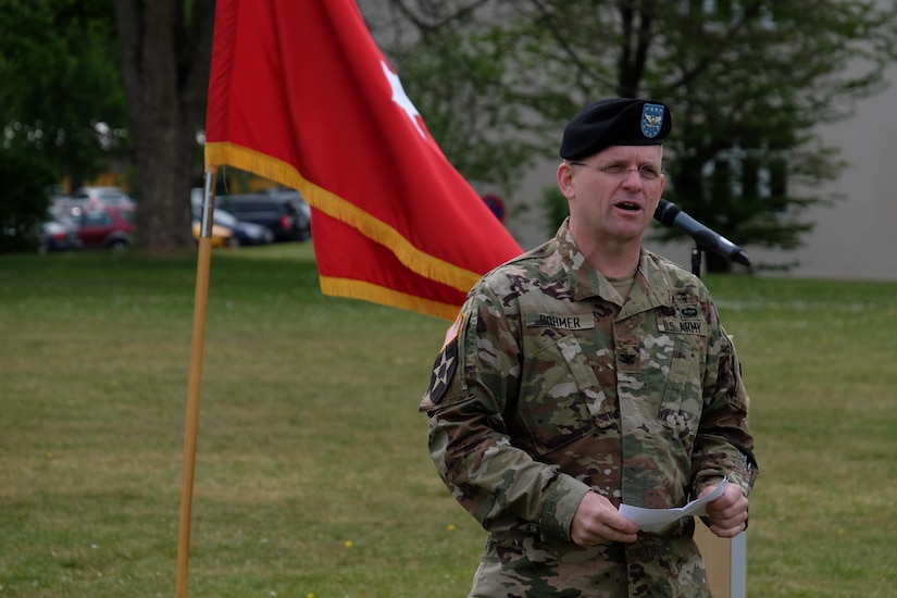 Army Reserve Col. Daniel F. Bohmer, commander, Medical Support Unit – Europe, 7th Mission Support Command gives remarks after he assumed command from Army Reserve Col. Bidemi Y. Olaniyi-Leyimu, MSU-E, 7th MSC, during an outdoor ceremony on Daenner Kaserne, May 6, 2017. The MSU-E is an Army Reserve unit under the command of the 7th MSC, which has Soldiers with 29 medical specialties plus administrative professionals.