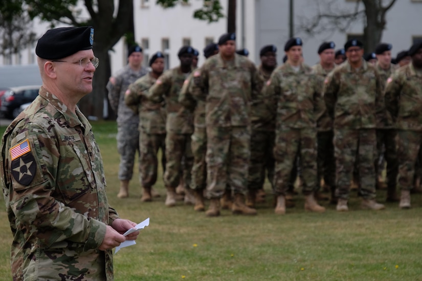 Army Reserve Col. Daniel F. Bohmer, commander, Medical Support Unit – Europe, 7th Mission Support Command gives remarks after he assumed command from Army Reserve Col. Bidemi Y. Olaniyi-Leyimu, MSU-E, 7th MSC, during an outdoor ceremony on Daenner Kaserne, May 6, 2017. The MSU-E is an Army Reserve unit under the command of the 7th MSC, which has Soldiers with 29 medical specialties plus administrative professionals.