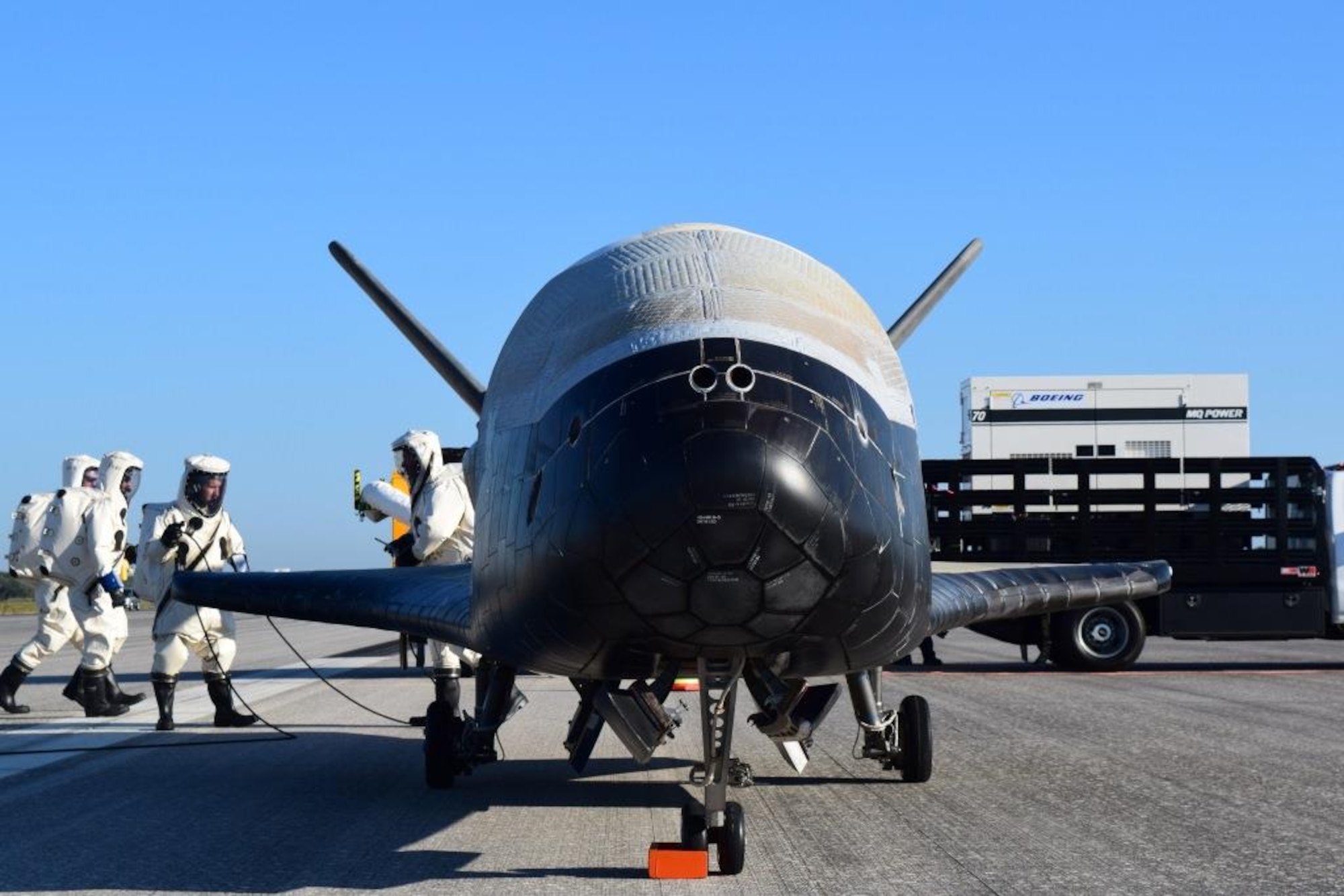 The Air Force's X-37B Orbital Test Vehicle mission 4 lands at NASA 's Kennedy Space Center Shuttle Landing Facility, Fla., May 7, 2017. Managed by the Air Force Rapid Capabilities Office, the X-37B program is the newest and most advanced re-entry spacecraft that performs risk reduction, experimentation and concept of operations development for reusable space vehicle technologies. (U.S. Air Force courtesy photo)