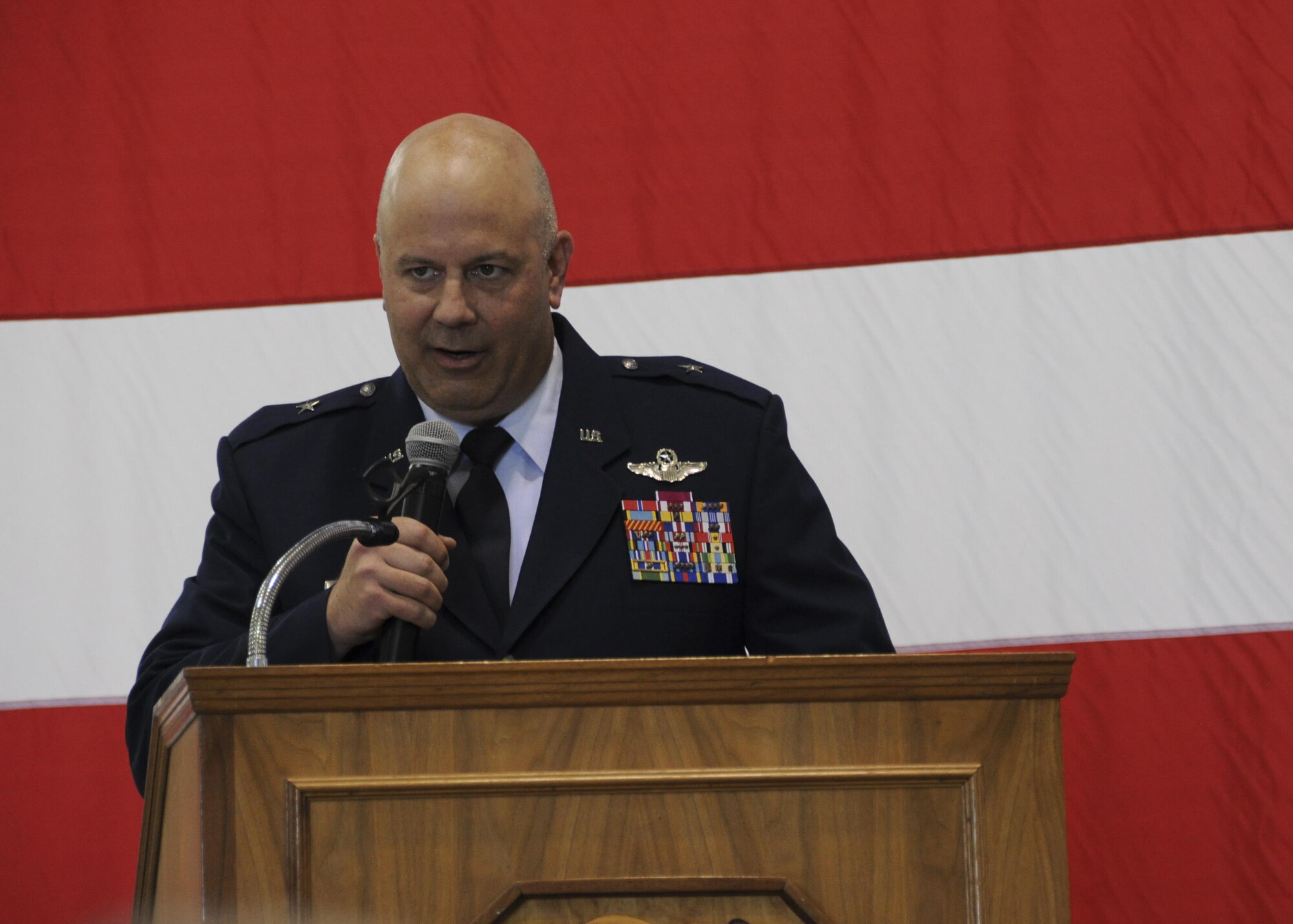 Brig. Gen. Brian Borgen, the 442d Fighter Wing Commander, addess the audience during his promotion ceremony at Whiteman Air Force Base, Mo., May 6, 2017. Borgen is a command pilot with more than 3,900 combined hours in the A-10 and T-38. (U.S. Air Force photo by Senior Airman Missy Sterling)