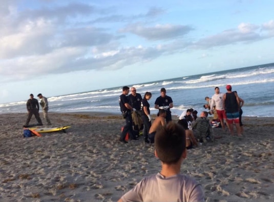 While surf fishing off the beach at Patrick Air Force Base, Florida, Tech. Sgt. Shaun Hartman risked his life to save 8 others who got caught in rip currents April 14, 2017. Three weeks after that harrowing day during the 920th Rescue Wing’s drill training weekend May 7, 2017, Vice Wing Commander Col. P. Brett Howard presented Hartman with the wing commander’s coin at the 308th Rescue Squadron where he serves as a medical logistics technician, for his heroics. 
