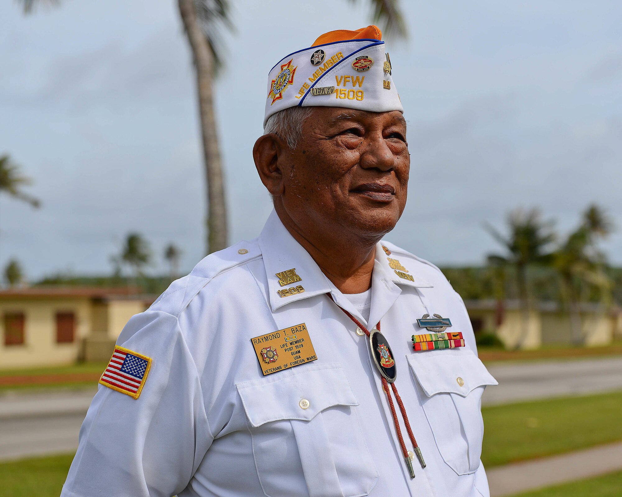 Raymond Baza, retired U.S. Army Vietnam veteran and vice commander of the Veteran of Foreign Wars Post 1509, observes the F-4E Phantom II Rededication Ceremony April 21, 2017, at Andersen Air Force Base, Guam. Baza served in the Vietnam War from 1969-1972. (U.S. Air Force photo by Airman 1st Class Christopher Quail/Released)