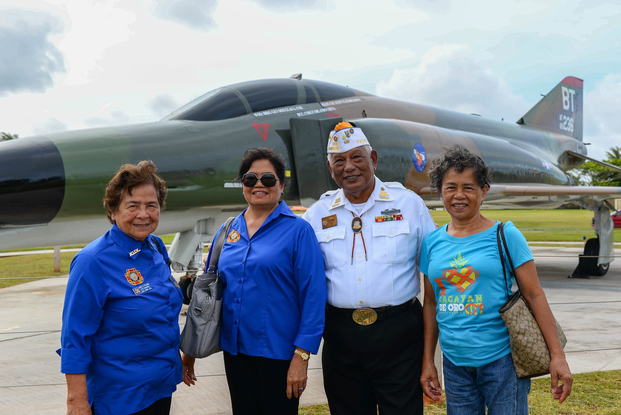 Members of the Veterans of Foreign Wars pose for a photo at the F-4E Phantom II Rededication Ceremony, April 21, 2017, at Andersen Air Force Base, Guam. The Phantom II memorial is dedicated to the men and women who gallantly supported tactical air power during the Vietnam War. (U.S. Air Force photo by Airman 1st Class Christopher Quail/Released)