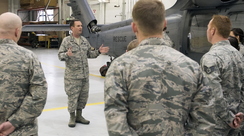 Gen. Joseph L. Lengyel, who as chief of National Guard Bureau is the National Guard's highest-ranking officer, discusses Alaska Air National Guard capabilities with members of the 176th Wing's 176th Maintenance Group here May 7, 2017. Lengyel visited the wing as part of a wider tour of Alaska National Guard installations. While here, he met with the wing's senior leaders, toured maintenance facilities, and met and fielded questions from Airmen of all ranks.