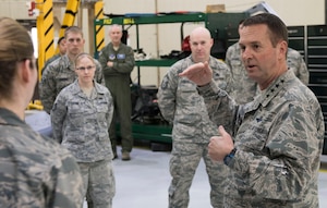 National Guard Bureau Chief Gen. Joseph L. Lengyel fields questions from members of the Alaska Air National Guard's 176th Wing here May 7, 2017. Lengyel visited the wing as part of a wider tour of Alaska National Guard installations. While here, he met with the wing's senior leaders, toured maintenance facilities, and met and answered questions from Airmen of all ranks.