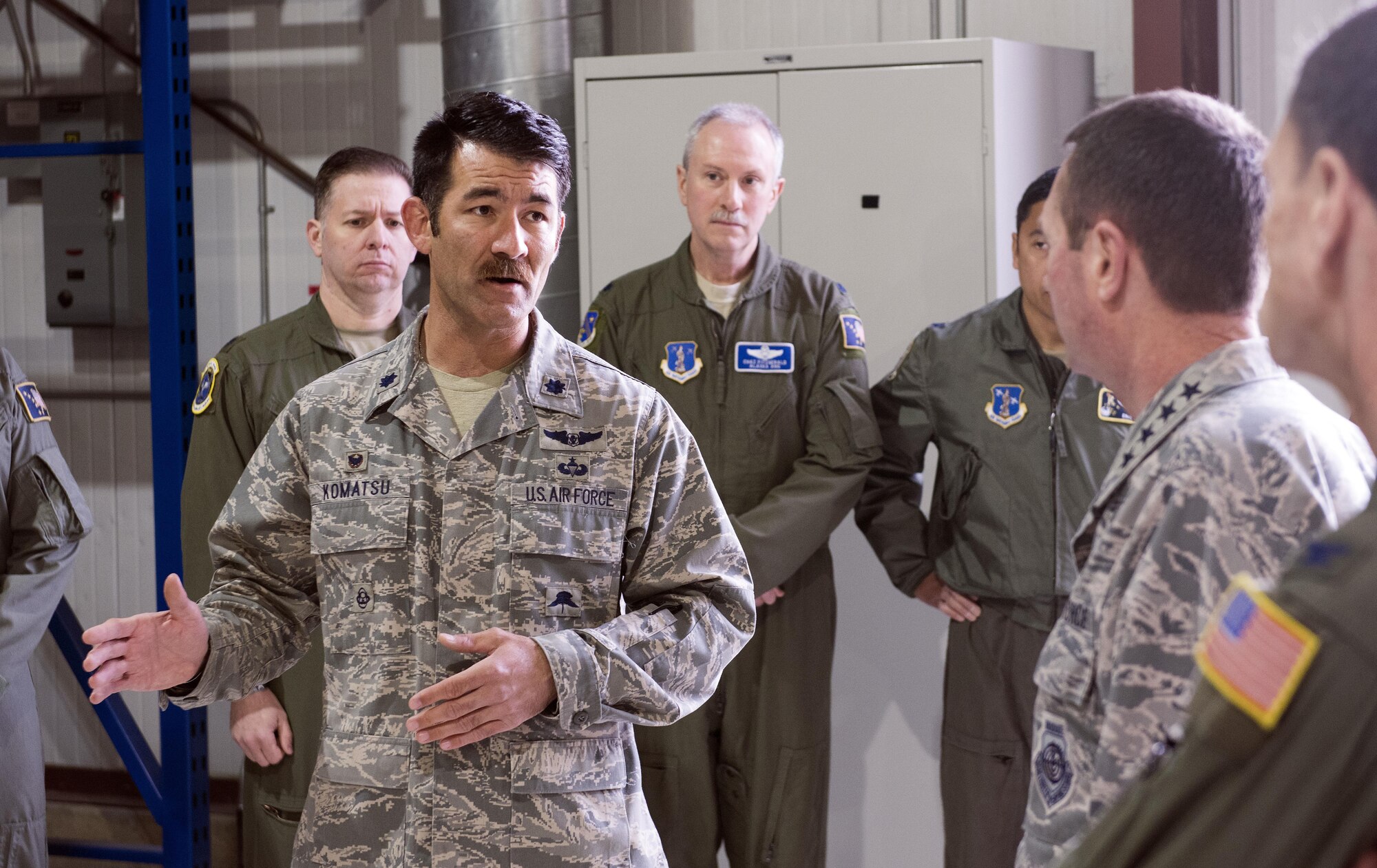 Gen. Joseph L. Lengyel (right), chief of National Guard Bureau, is briefed on the Alaska Air National Guard's innovative long-range rescue capabilities by Col. Matthew Komatsu, commander of the 176th Wing's 212th Rescue Squadron, here May 7, 2017. Lengyel visited the wing as part of a wider tour of Alaska National Guard installations. While here, he met with the wing's senior leaders, toured maintenance facilities, and met and fielded questions from Airmen of all ranks.