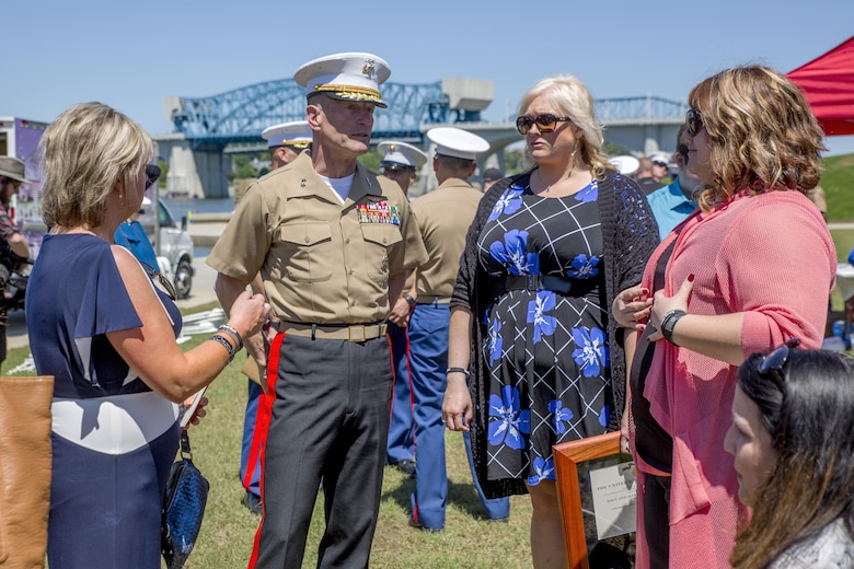 Maj. Gen. Burke W. Whitman, commanding general of 4th Marine Division, talks to Lorri Wyatt, wife of Staff Sgt. David Wyatt, and other family members at Ross’s Landing in Chattanooga, Tenn., May 7, 2017.  Wyatt was posthumously awarded the medal for his actions during the July 16, 2015 shooting that occurred at the Naval Reserve Center Chattanooga and left two other Marines and a sailor dead. (U.S. Marine Corps Photo by Lance Cpl. Niles Lee/Released)