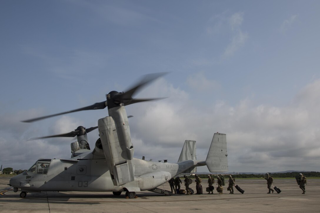 Marines with III Marine Expeditionary Force, Alert Contingency Marine Air Ground Task Force (ACM) board an MV-22 osprey during a ACM drill, on Marine Corps Air Station Futenma, Okinawa, Japan, May 5, 2017. The ACM must be prepared to respond within 24 hours to crises throughout the Asian pacific region to mitigate crises, protect U.S. citizens, and territories, or counter threats to U.S. national interests as needed. (U.S. Marine Corps photo by MCIPAC Combat Camera Cpl. Allison M. Lotz)