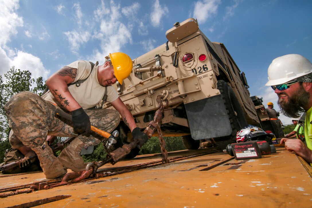 New Jersey Army National Guard Spc. William Wan, left, secures a vehicle on a rail car in Morrisville, Pa., May 2, 2017. Wan is assigned to New Jersey Army National Guard’s 250th Brigade Engineer Battalion. Air National Guard photo by Master Sgt. Matt Hecht