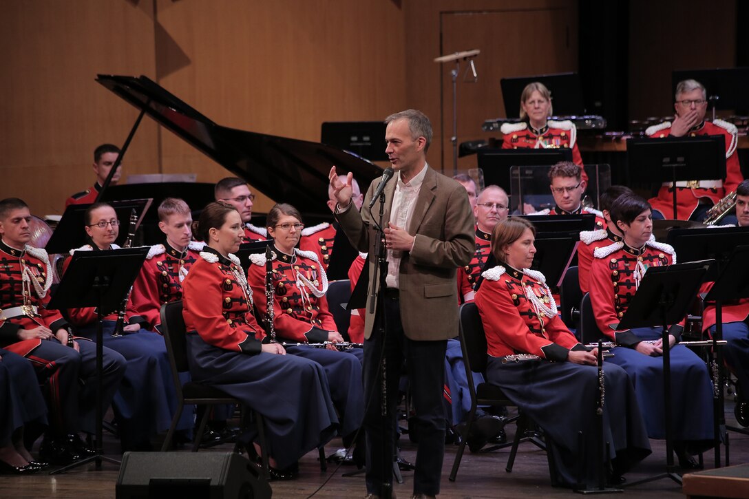 On May 7, 2017 the Marine Band performed a concert called "Arioso" which highlighted music inspired by the connection between the human voice and instruments. Featured selections included Joseph Schwantner's and the mountains rising nowhere and James Stephenson's (pictured) Symphony No. 2, Voices. (U.S. Marine Corps photo by Master Sgt. Kristin duBois/released)