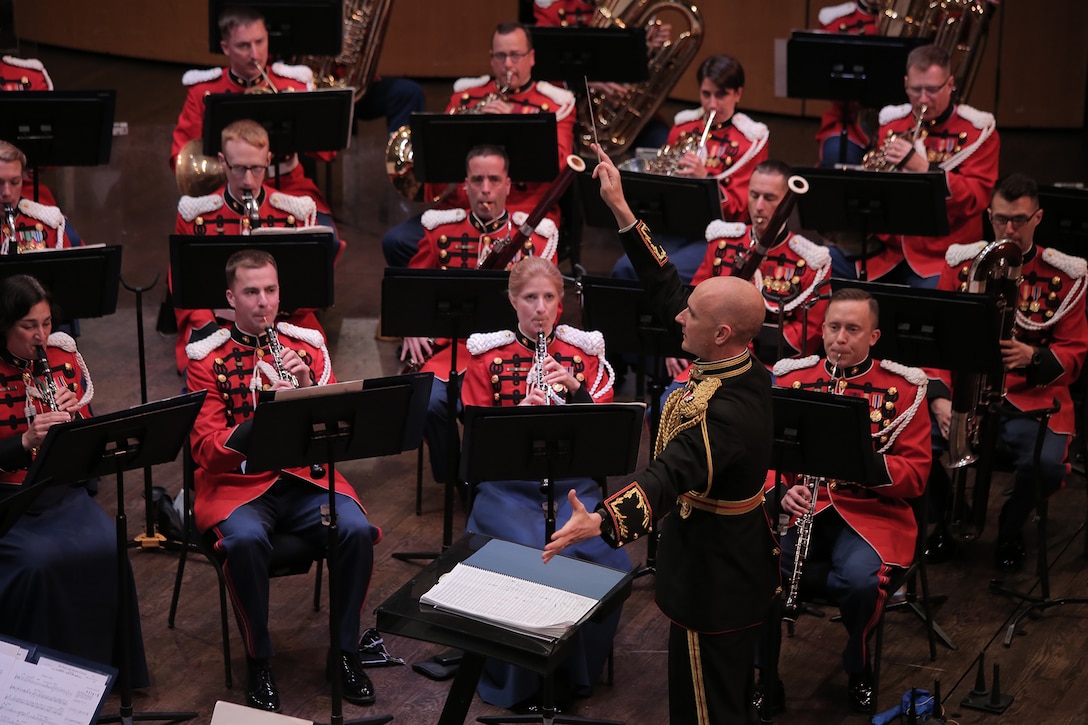 On May 7, 2017 the Marine Band performed a concert called "Arioso" which highlighted music inspired by the connection between the human voice and instruments. Featured selections included Joseph Schwantner's and the mountains rising nowhere and James Stephenson's Symphony No. 2, Voices. (U.S. Marine Corps photo by Master Sgt. Kristin duBois/released)