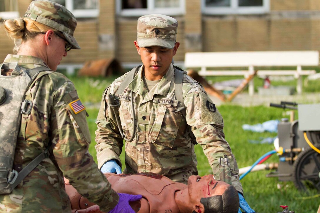 Spc Kristopher Fernando, a medic assigned to the 602nd Area Support Medical Company located at Fort Bragg, N.C., evaluates a medical mannequin after it has gone through chemical decontamination procedures April 29, 2017, as part of Guardian Response at Muscatatuck Urban Training Center, Ind. Exercise Guardian Response is a multi-component training exercise run by the U.S. Army Reserve designed to validate more than 4,000 service members in Defense Support of Civil Authorities in the event of a Chemical, Biological, Radiological and Nuclear catastrophe. This year's exercise simulated an improvised nuclear device explosion with a source region electromagnetic pulse out to more than four miles. The 84th Training Command hosted the exercise, and the 78th Training Division, headquartered in Joint Base McGuire-Dix-Lakehurst, New Jersey, conducted the training. (U.S. Army Reserve Photo by Staff Sgt. Brad Ruffin, 206th Broadcast Operations Detachment)
