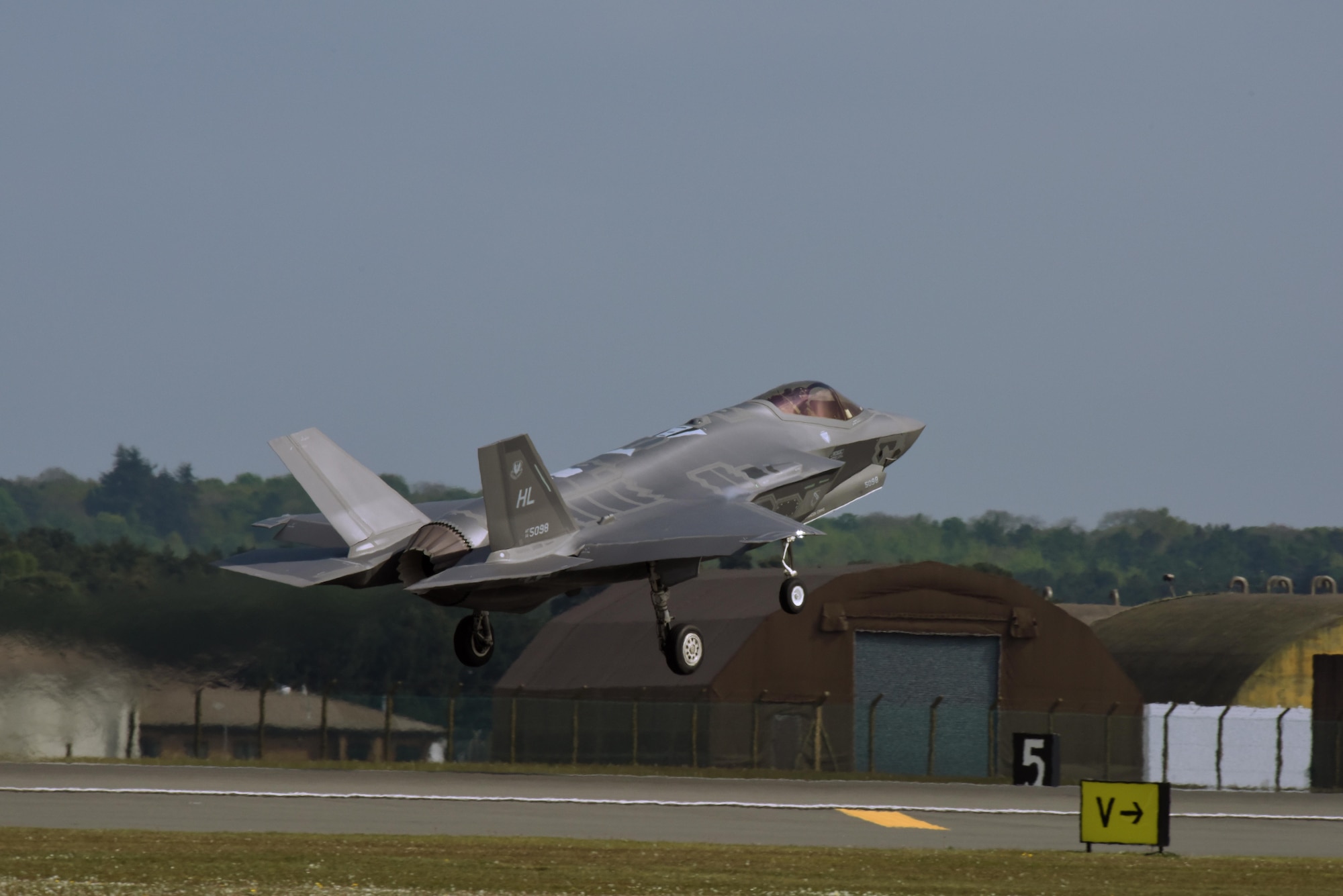 An F-35A Lightning II, assigned to the 34th Fighter Squadron at Hill Air Force Base, Utah, takes off from Royal Air Force Lakenheath, England, May 7. Eight F-35A aircraft, approximately 250 Airmen, and associated equipment had been operating out of Lakenheath during a training deployment to conduct air training with other Europe-based aircraft. (U.S. Air Force photo/Airman 1st Class John A. Crawford)