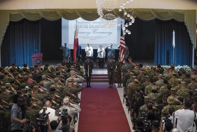 Philippine and U.S. color guards present the colors during the Balikatan 2017 opening ceremony at Camp Aguinaldo, Quezon City, May 8, 2017. Balikatan is an annual U.S.-Philippine bilateral military exercise focused on a variety of missions including humanitarian and disaster relief, counterterrorism, and other combined military operations. 