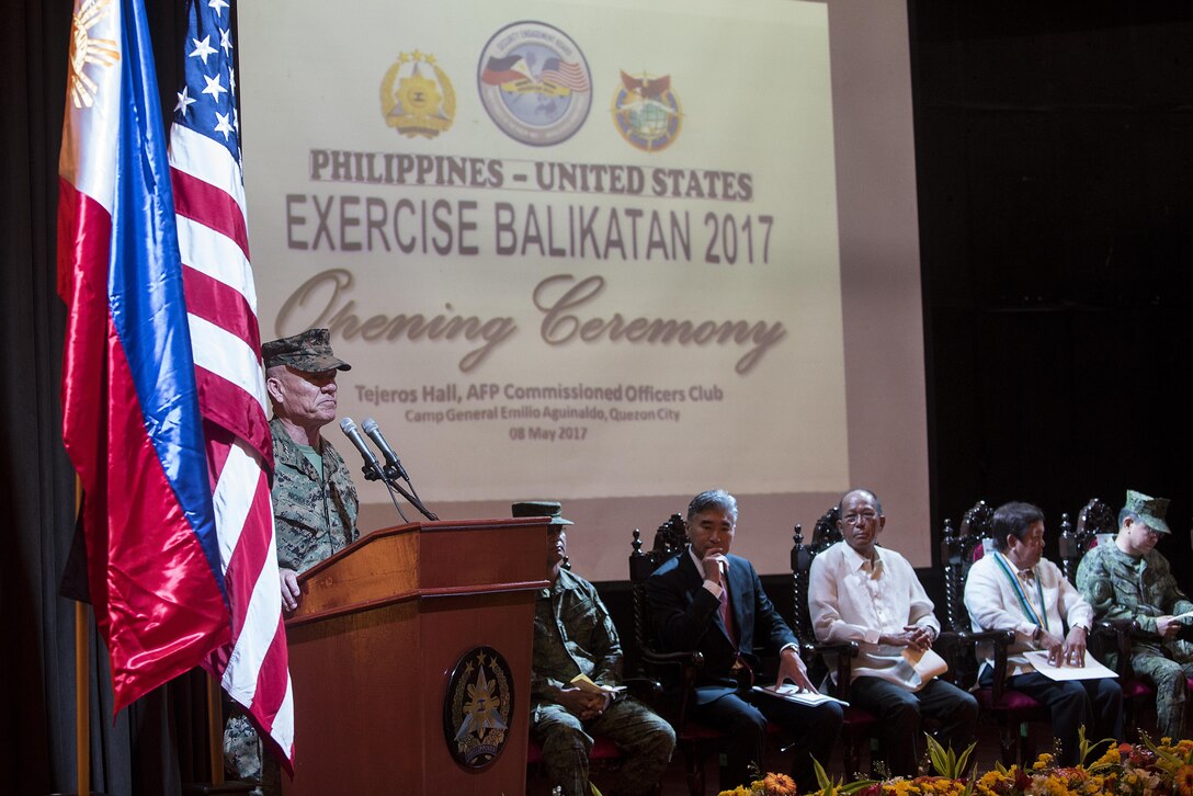 U.S. Marine Lt. Gen. Lawrence D. Nicholson speaks during the Balikatan 2017 opening ceremony at Camp Aguinaldo, Quezon City, May 8, 2017. Nicholson is the commanding general of III Marine Expeditionary Force. Balikatan is an annual U.S.-Philippine bilateral military exercise focused on a variety of missions including humanitarian and disaster relief, counterterrorism, and other combined military operations. 